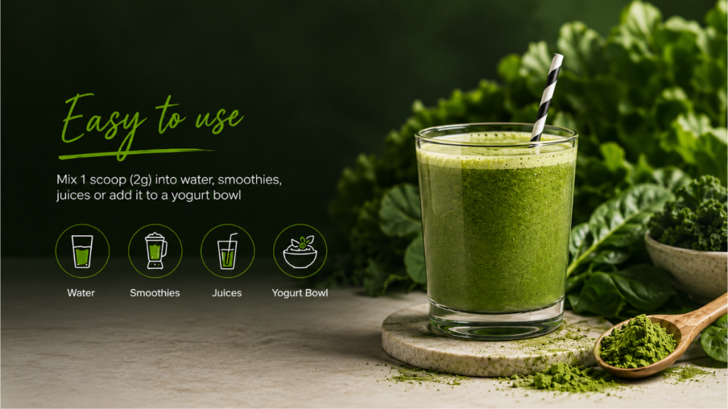 Green drink showing how Supersonic Greens can be mixed into water, smoothies, juice or yoghurt