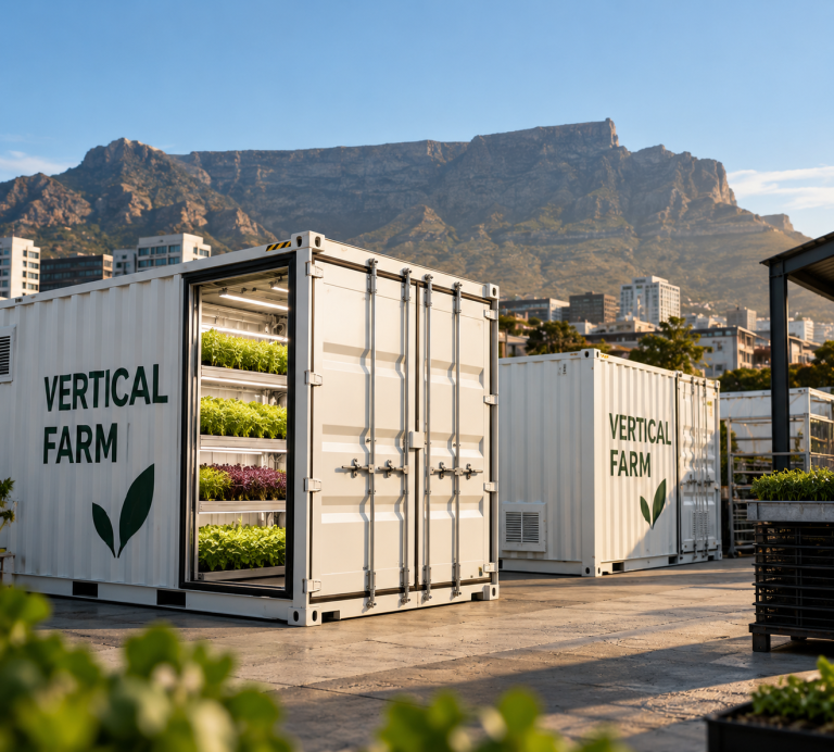 Arable Grow vertical farming containers in Cape Town with Table Mountain